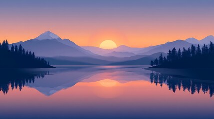 Fototapeta premium Peaceful mountain lake sunrise reflection; serene landscape; tranquil morning; use for wallpaper, poster, or screensaver
