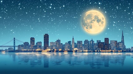 Night city skyline with full moon