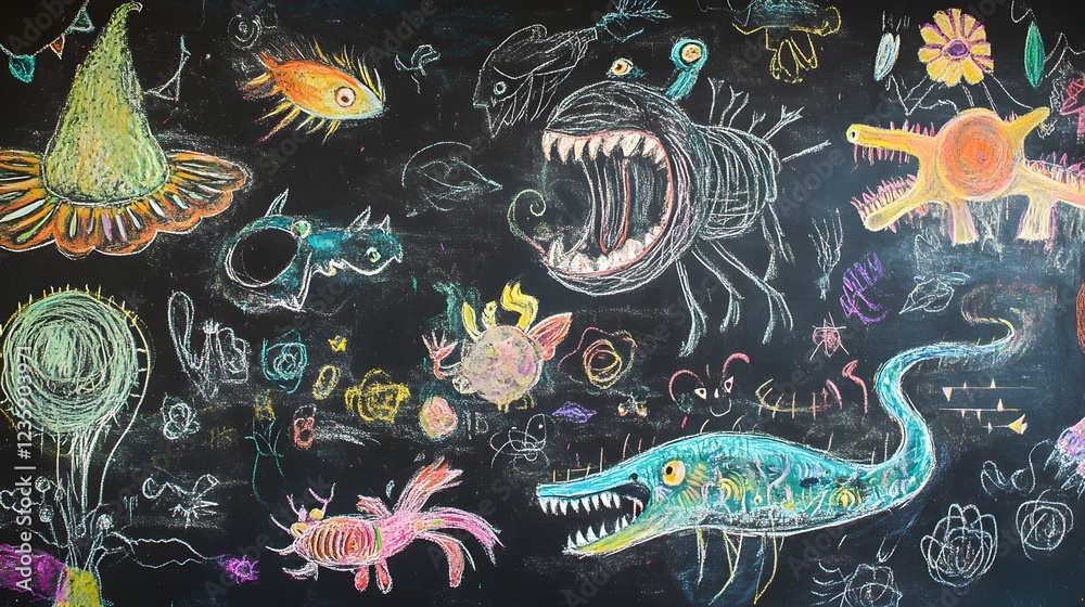 Aufkleber surreal underwater creatures inhabiting a fantastical seascape of vibrant colors intricate patterns 