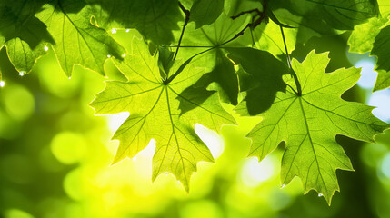 Obraz premium Vibrant Green Maple Leaves in Natural Light with Bokeh Effects