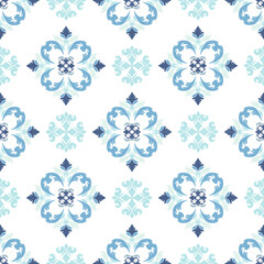 Blue damask seamless pattern with decorative elements. The texture can be used for wallpaper, pattern fills, web page backgrounds, textiles, ceramic pottery, tiles, carpets, rugs, and curtains.