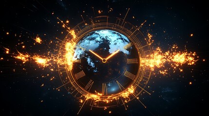 An abstract depiction of planet Earth with glowing lines representing continents, surrounded by exploding stars and a ticking clock face, symbolizing time before disaster.