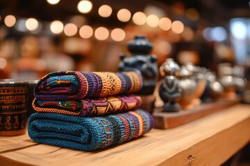 Vibrant Woven Textiles on Rustic Wooden Table
