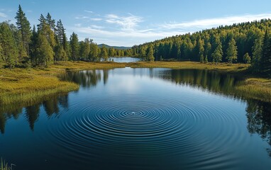 Obraz premium A crystalclear lake with a droplet falling, creating concentric ripples, symbolizing water recycling and the need for preserving freshwater resources in nature