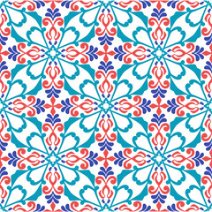 Design in Mediterranean seamless wallpaper style. Damask vector seamless pattern. Talavera pattern. Indian patchwork. Azulejos portugal. Turkish Tiles. Moroccan tile mosaic. Spanish pottery.