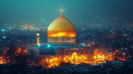 Fototapeta premium Golden Dome Mosque night cityscape, Iraq. Travel tourism