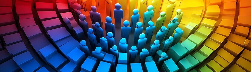 Obraz premium A dynamic 3D colorful circle divided into segments with diverse human icons symbolizing market segmentation and consumer demographics, ultradetailed