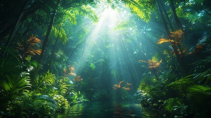 Sunlight streaming through dense tropical foliage, creating a serene and vibrant atmosphere over a tranquil jungle river