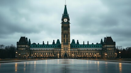 Fototapeta premium Majestic parliament building, twilight glow, reflective ground.