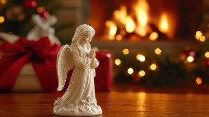 Praying Angel Figurine Near Christmas Fireplace