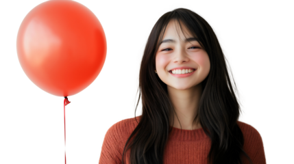 Cheerful Young Woman Holding Red Balloon in Stylish Outfit Celebrating Joy and Happiness