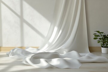 Soft white fabric drapes elegantly on a wooden floor beside a small potted plant.