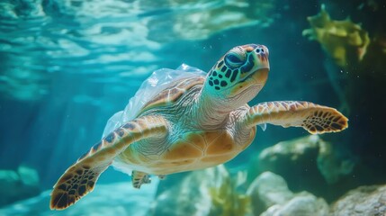 Obraz premium Sea Turtle in Transparent Plastic Bag