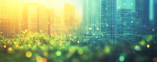 A professional business report cover showcasing ESG metrics, renewable energy themes with solar panels and wind turbines, and a dynamic blend of green and blue gradients