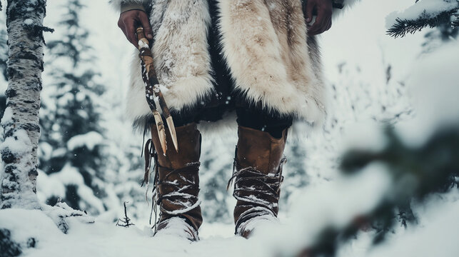 A member of the Alaskan Athabaskan tribe wearing thick fur clothing and traditional leather shoes, standing in the middle of the tundra forest with snow covering the ground, Ai generated images