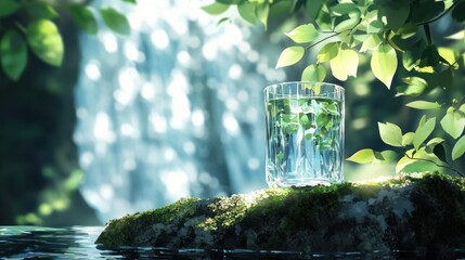 Glass of water by waterfall, nature background, pure refreshment