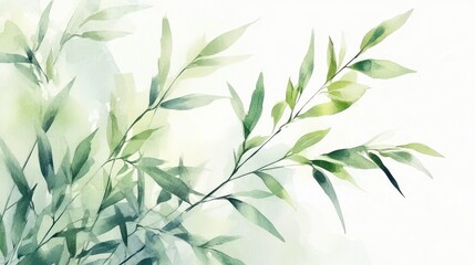 Fototapeta premium Watercolor Painting of Delicate Green Leaves and Branches