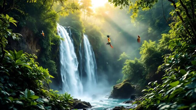 Stunning Waterfall Scene with Vibrant Parrots in Lush Rainforest