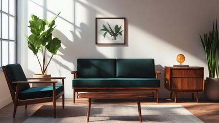 Mid-Century Modern Living Room Interior with Green Sofa and Armchair