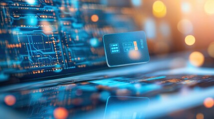 Futuristic digital interface with a floating credit card over a glowing laptop screen