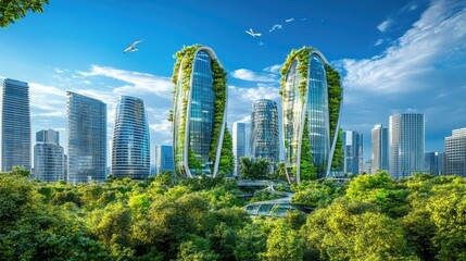 Naklejka premium A futuristic eco-city with self-sustaining buildings and renewable energy.
