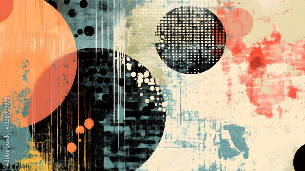 Poster vibrant abstract digital art design with geometric shapes and grunge textures