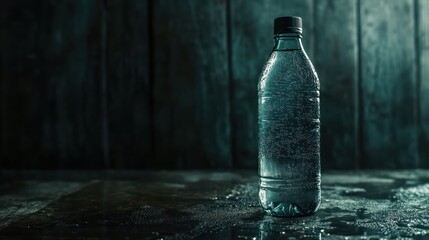 Reflective Stillness: A Sparkling Water Bottle against a Dark Wooden Background