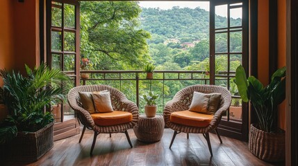 Brown Leather Armchairs on Balcony with View of Green Trees .