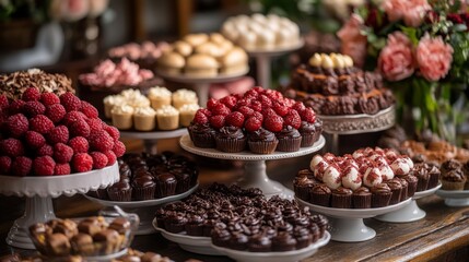 Chocolate desserts arranged beautifully on a Valentines buffet table