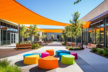 Fototapeta premium Colorful courtyard with orange shade vibrant seating