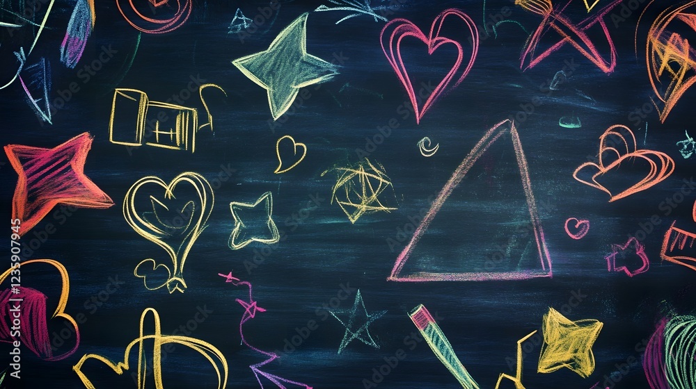 Poster vibrant abstract doodles shapes and symbols drawn on a chalkboard background creative and playful sc