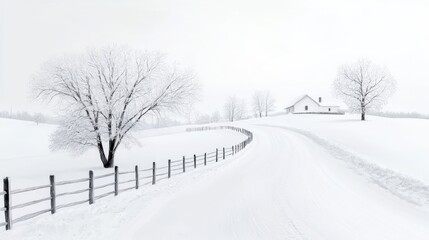 Snowy road leads to farmhouse, winter landscape