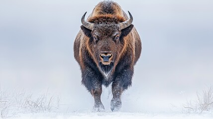 Obraz premium European bison charging forward through a snowy field during a cold winter day.