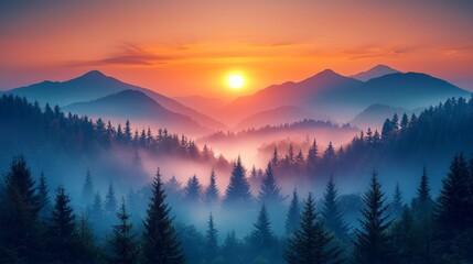 Obraz premium Breathtaking mountain landscape at sunrise with misty forests and layered hills creating a serene atmosphere