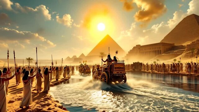 Ancient Egypt Pharaohs Royal Procession Pyramids Sunset Scene