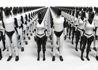 3D rendering representing a group of humanoid robots waiting to be delivered