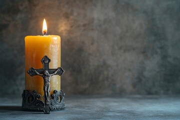 Lit Candle with Crucifix Cross Religious Image