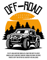 Off road tilled a jeep with retro back ground and some trees going to a road trip for peace and isolation. A description under vehicle  is written about the  self care and motivation.
