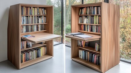 A hidden workspace designed within a large bookcase with a secret pull-out table.
