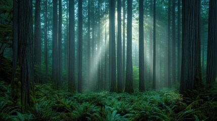 Obraz premium Sunlight Beams Through a Misty Redwood Forest