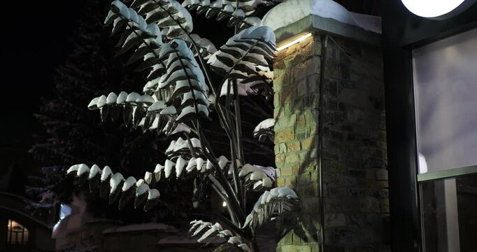Winter season. The leaves of an artificial tree near a brick pillar illuminated by backlight lamps are covered with snow. Hand held.