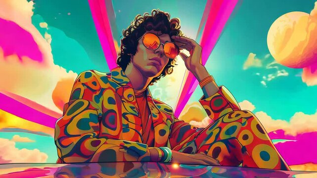 Colorful escape: retro hippie style with psychedelic hues in kaleidoscopic visuals, abstract video flow of groovy patterns, vibrant energy reminiscent of vintage aesthetics.