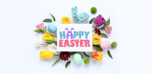 Beautiful greeting card for Happy Easter with colorful eggs and flowers