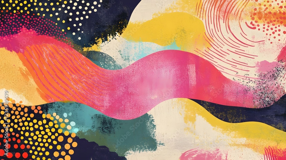 Poster vibrant abstract painting with colorful shapes and patterns in surreal cosmic landscape