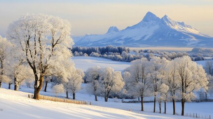 Obraz premium Frosty Winter Landscape With Snow Covered Mountains And Trees