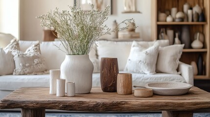 Rustic Wooden Coffee Table with Farmhouse Decor and Dried Flowers