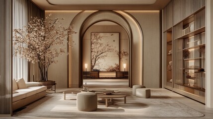 A Japandi-inspired hallway with arched doorways, soft neutral tones, and warm lighting.