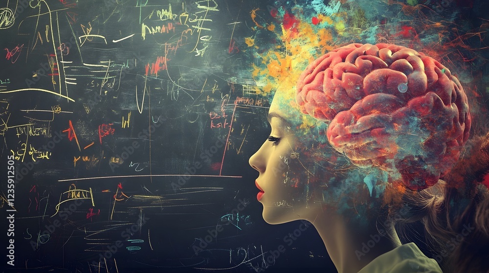 Poster vibrant and abstract silhouette of a human head with a glowing colorful brain representing creativit