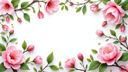 Fototapeta premium Delicate Pink Cherry Blossom Flowers Frame Spring Floral Border White Background