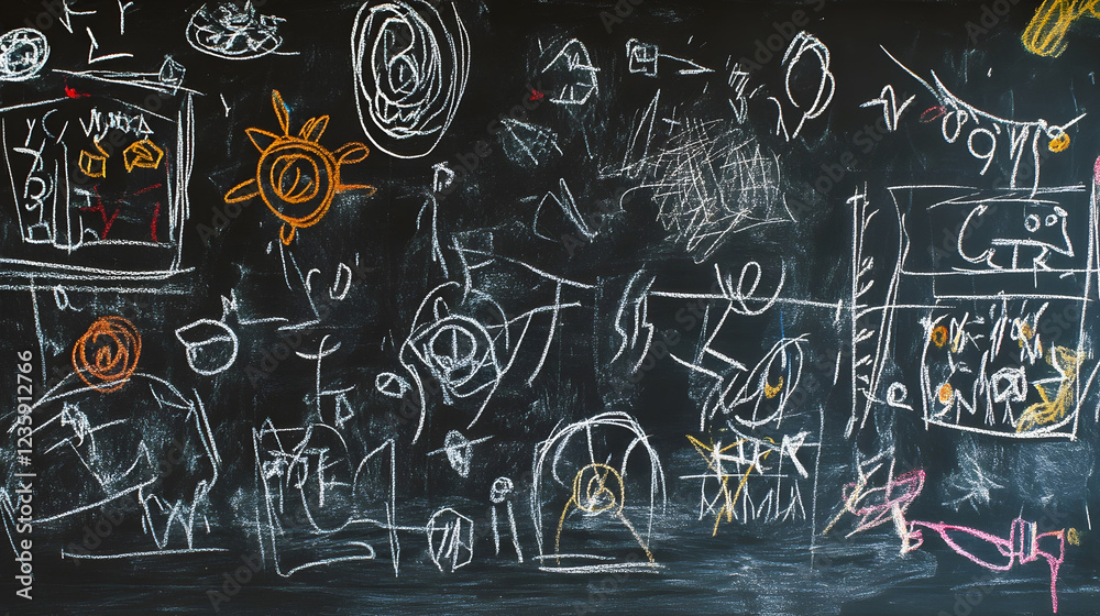 Poster Vibrant and chaotic chalkboard covered in a collage of colorful doodles sketches and scribbles capturing the spontaneous and exploratory nature of the creative mind